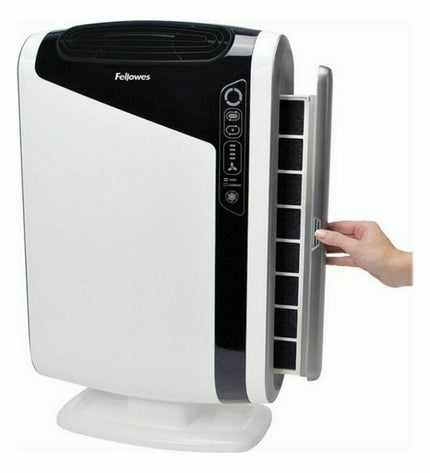 Fellowes portable air conditioner in white and black, designed for 28 m² spaces, with 86W power for home cooling.