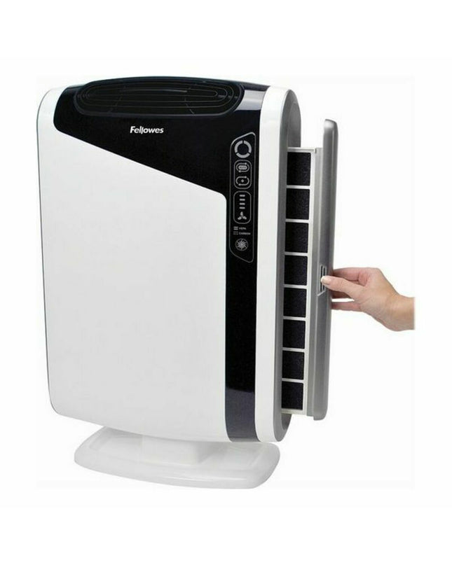 Fellowes portable air conditioner in white and black, designed for 28 m² spaces, with 86W power for home cooling.