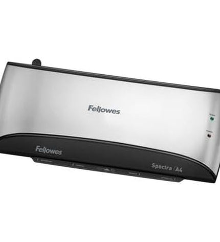 Fellowes Spectra A4/95 laminator in black and gray with protective cover, suitable for office documents and school projects.