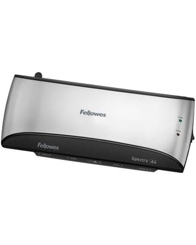 Fellowes Spectra A4/95 laminator in black and gray with protective cover, suitable for office documents and school projects.