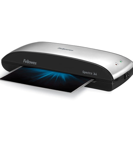 Fellowes Spectra A4/95 laminator in black and gray with protective cover, suitable for office documents and laminating needs.