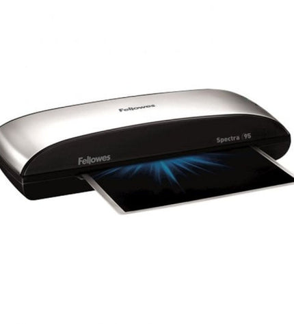 Fellowes Spectra A4/95 laminator in black and gray, with protective cover, suitable for office and document lamination needs.