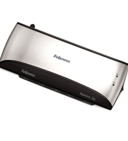 Fellowes Spectra A4/95 laminator with black and gray cover, suitable for office use, displaying the laminated documents.