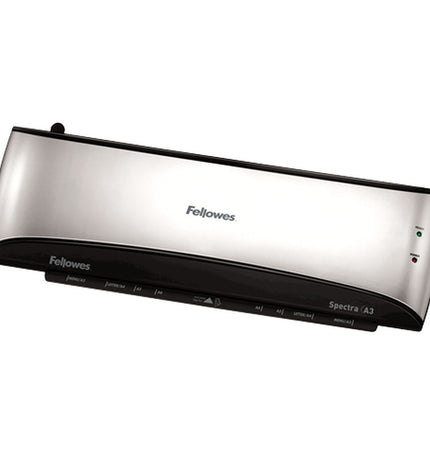 Fellowes Spectra A3 laminator in silver for office use, with sleek design and compact size.