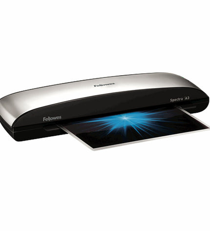 Fellowes Spectra A3 laminator in silver for office use, with a sleek design and electronic control panel.