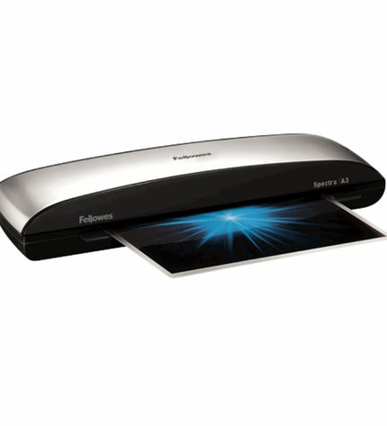 Fellowes Spectra A3 laminator in silver for office use, showing the compact design and control panel on the front.