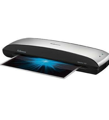 Fellowes Spectra A3 laminator in silver for office use, showing the front view with control panel and sleek design.