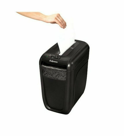 Fellowes 60Cs paper shredder in black with 22-liter waste bin, ideal for office use, showing the shredding slot and control panel.