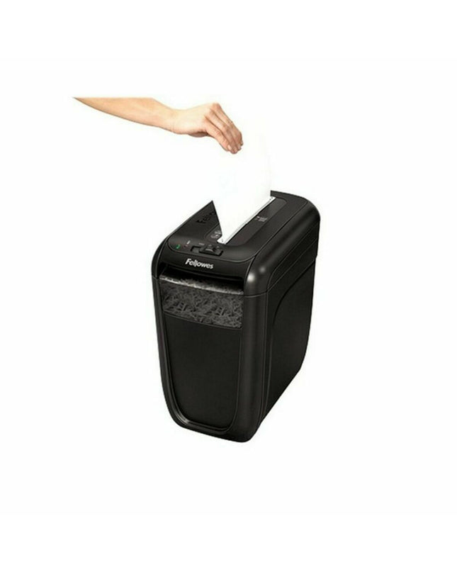 Fellowes 60Cs paper shredder in black with 22-liter waste bin, ideal for office use, showing the shredding slot and control panel.