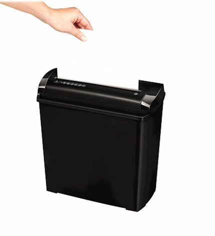 Fellowes P-25S paper shredder with 11-liter capacity, compact office electronics and office supplies, shown on a desk.