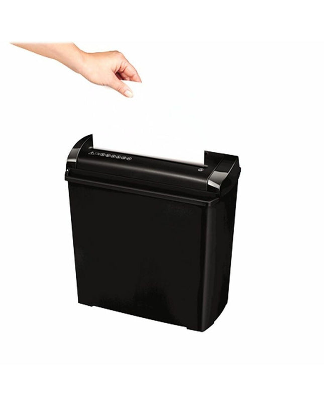 Fellowes P-25S paper shredder with 11-liter capacity, compact office electronics and office supplies, shown on a desk.