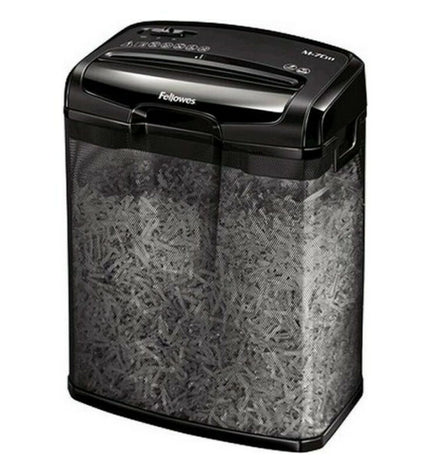 Fellowes M-7CM paper shredder in black, 13-liter capacity, for office use, with microsnippers for secure document destruction.