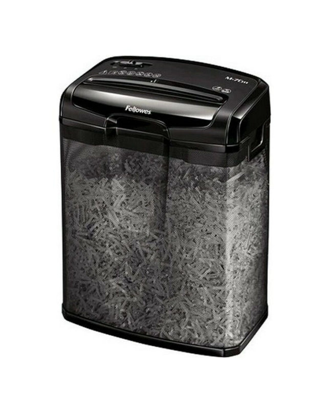 Fellowes M-7CM paper shredder in black, 13-liter capacity, for office use, with microsnippers for secure document destruction.