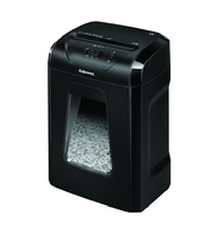 Fellowes Powershred 12C paper shredder with 19-liter bin, suitable for office use, shown with shredded paper and control panel