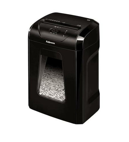 Fellowes Powershred 12C paper shredder with 19-liter waste bin and 12-sheet capacity for office document destruction.