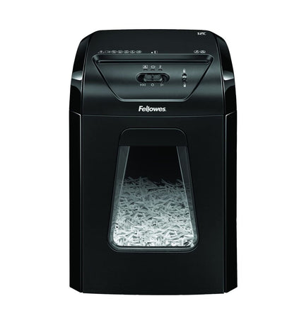 Fellowes Powershred 12C paper shredder with 19-liter bin, designed for office use, shredding multiple sheets of paper.
