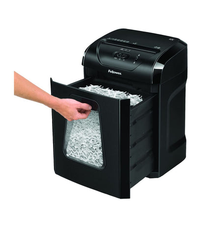 Fellowes Powershred 12C paper shredder with 19-liter bin, suitable for office use, shown with shredded paper and control panel