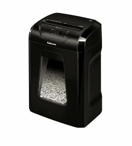 Fellowes Powershred 12C paper shredder with 19L capacity, designed for office use, shredding multiple sheets of paper.