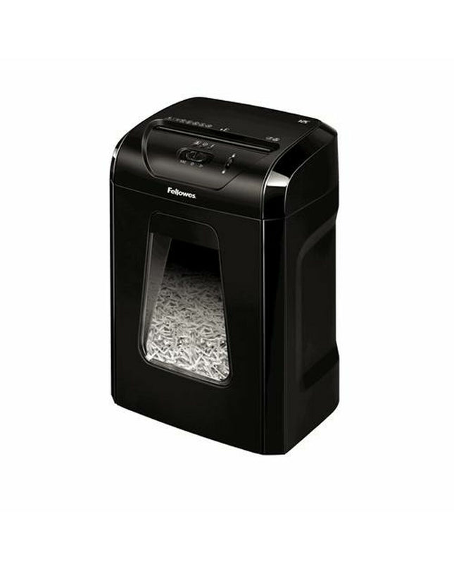 Fellowes Powershred 12C paper shredder with 19L capacity, designed for office use, shredding multiple sheets of paper.