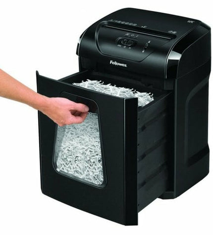 Fellowes Powershred 12C paper shredder with 19-liter bin and 12-sheet capacity, designed for office use.