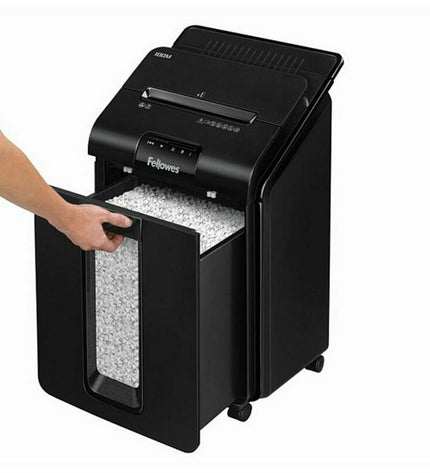 Black Fellowes AutoMax100M paper shredder microsnippers for office use, showing compact design and cutting mechanism.