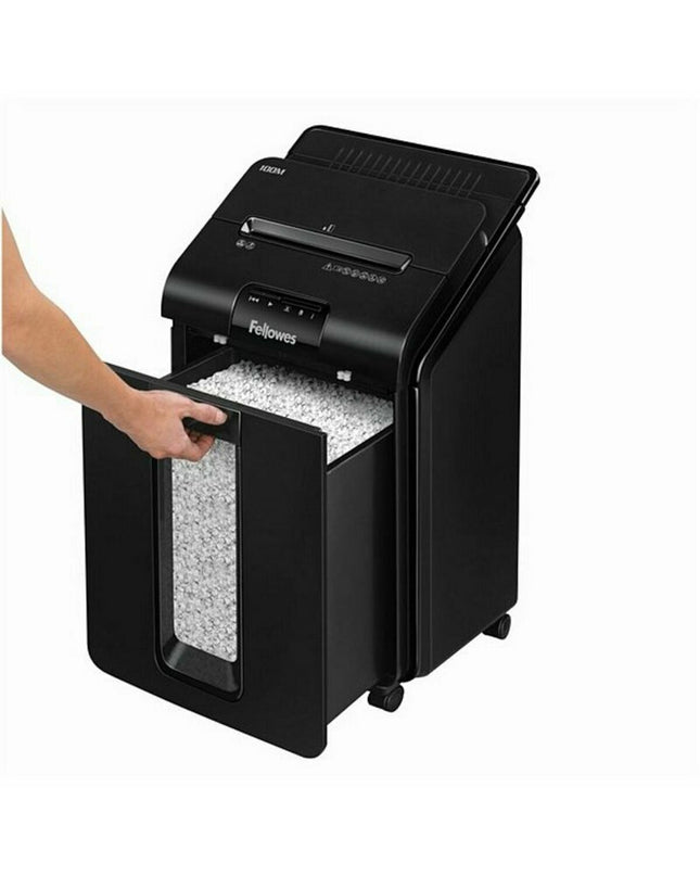 Black Fellowes AutoMax100M paper shredder microsnippers for office use, showing compact design and cutting mechanism.