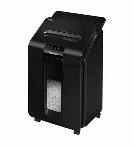 Fellowes AutoMax100M paper shredder microsnippers in black, compact office electronics for secure document destruction.