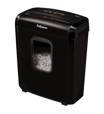 Fellowes 4631101 paper shredder in 13-liter bin for office use, with paper shreds visible inside the shredder.