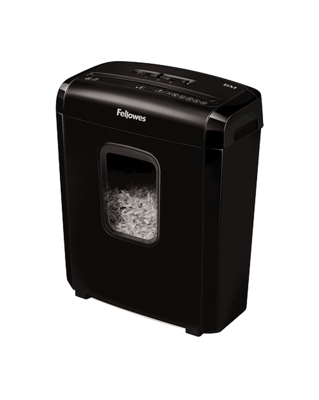 Fellowes 4631101 paper shredder in 13-liter bin for office use, with paper shreds visible inside the shredder.