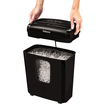 Fellowes 4631101 paper shredder in black with 13L waste bin, ideal for office use and document security.