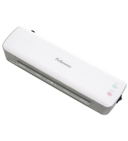 Fellowes 4560001 laminator in white and black, office electronics and stationery, close-up of the compact laminating machine.