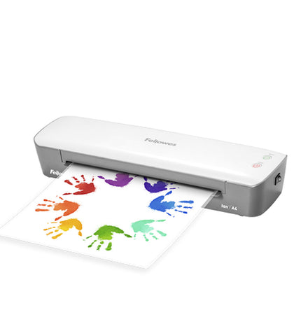Fellowes 4560001 laminator in white and black, compact office electronics for document lamination, on a desk.