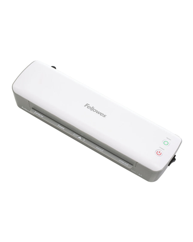 Fellowes laminator 4560001 in white and black for office use, compact electronic office supply with buttons and display