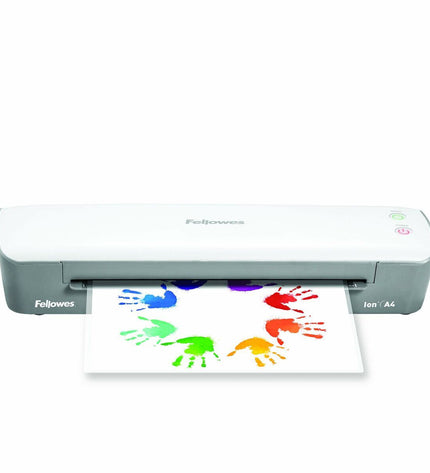 Fellowes Lamineerapparaat 4560001 in wit en zwart, compact office laminator with control panel for office stationery and electronics.