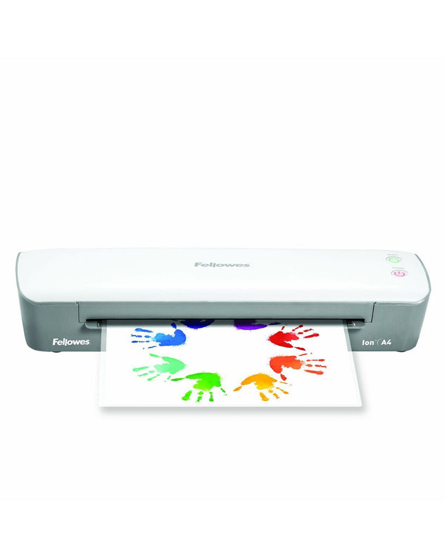 Fellowes Lamineerapparaat 4560001 in wit en zwart, compact office laminator with control panel for office stationery and electronics.