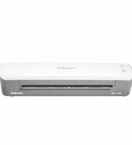 Fellowes 4560001 laminator in white and black, compact office electronics for document lamination on desk.