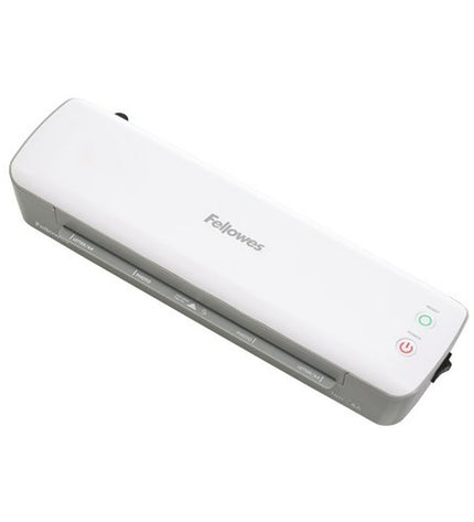 Fellowes 4560001 white and black laminator for office use, with control panel and adjustable settings in a workspace setting.