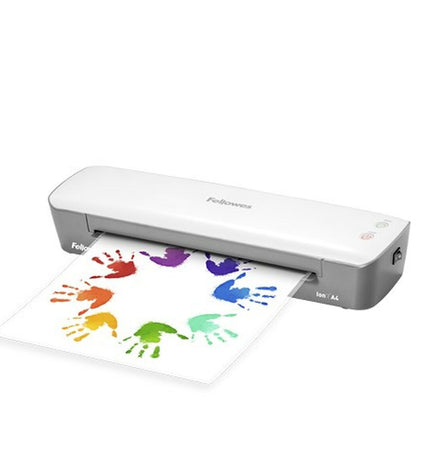 Fellowes 4560001 white and black laminator machine for office use, compact design with control panel and adjustable settings