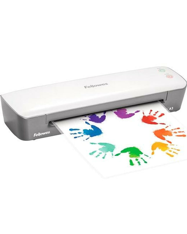 Set of four Fellowes ION gray lamination machines for office use, showcasing the compact design and control panel.