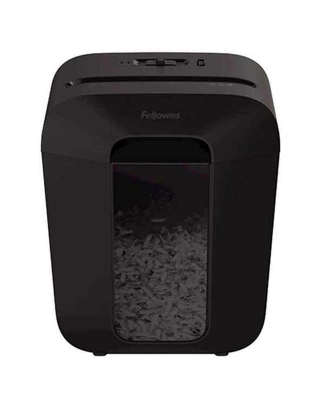 Fellowes LX45 paper shredder with 17-liter capacity, black color, compact design, ideal for office use, shredding 8 sheets.