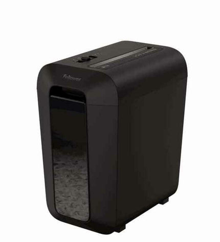 Fellowes LX65 paper shredder for office use, black with a 22-liter capacity and four 40mm shred size sheets.