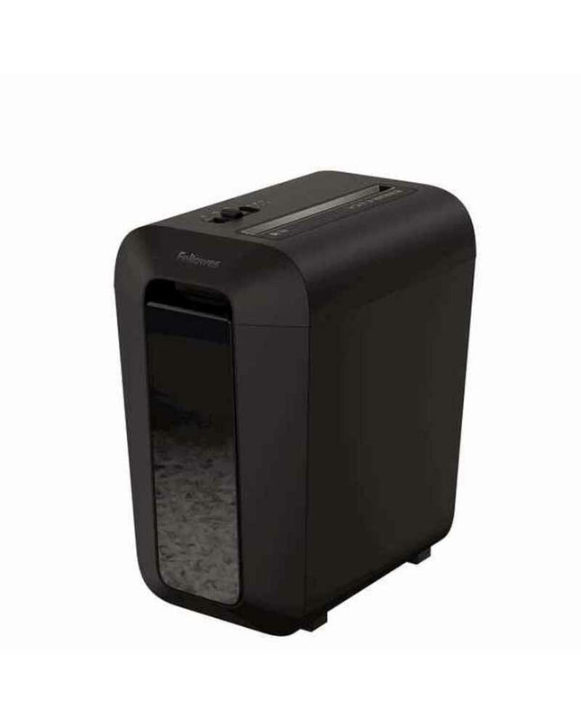 Fellowes LX65 paper shredder for office use, black with a 22-liter capacity and four 40mm shred size sheets.