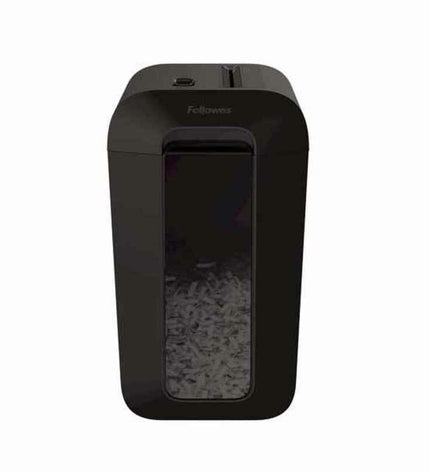 Fellowes LX65 paper shredder in black with 22-liter capacity and microsnippers for shredding documents and sheets.