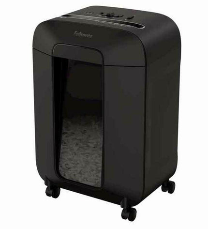 Fellowes LX85 paper shredder with black casing and 19-liter capacity, shredding 4 x 40 mm paper strips in office electronics setting.