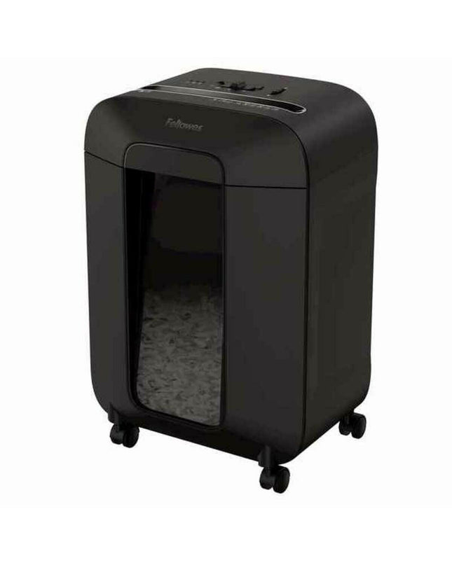 Fellowes LX85 paper shredder with black casing and 19-liter capacity, shredding 4 x 40 mm paper strips in office electronics setting.