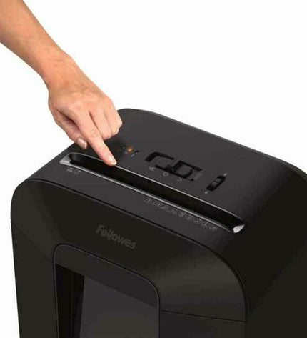 Fellowes LX85 paper shredder with black microsnippers, 19-liter capacity, shredding 4x40mm paper strips for office security.