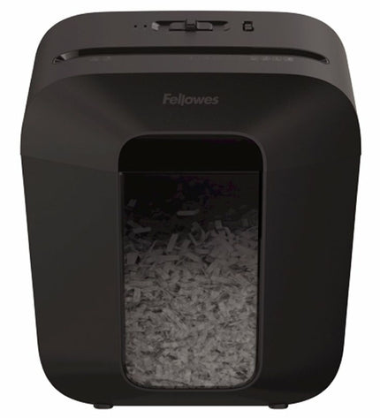 Fellowes LX25 paper shredder for office use, compact electronic office equipment with paper slot and power button.