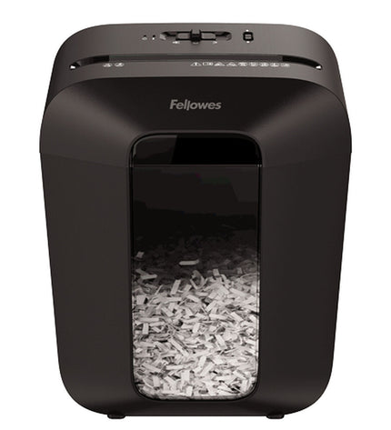 Fellowes Powershred LX50 paper shredder with 17-liter capacity, ideal for office use, shown with shredded paper inside.
