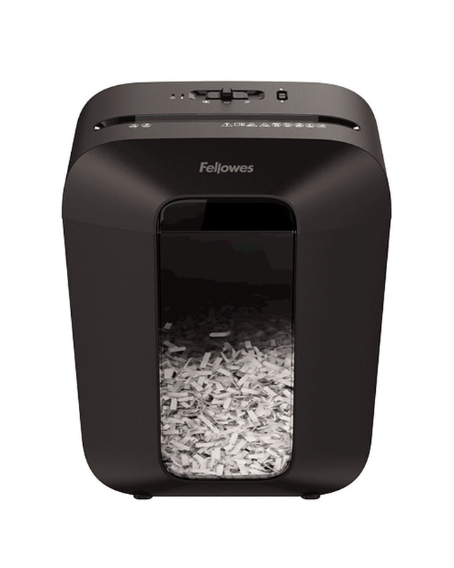 Fellowes Powershred LX50 paper shredder with 17-liter capacity, ideal for office use, shown with shredded paper inside.