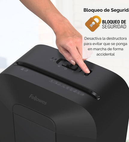 Fellowes Powershred LX50 paper shredder with 17-liter bin for office use, shown in a modern office setting.